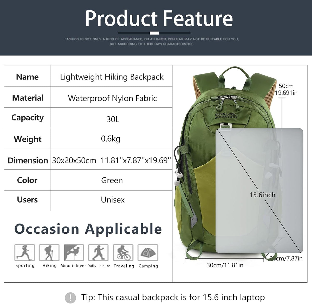30L Hiking Backpack With Rain-Cover, Lightweight Packable Backpack For Women Men, Hiking Daypack Backpacks Fit For Camping, Sports, Daily Commuting, Short Trips (Green)