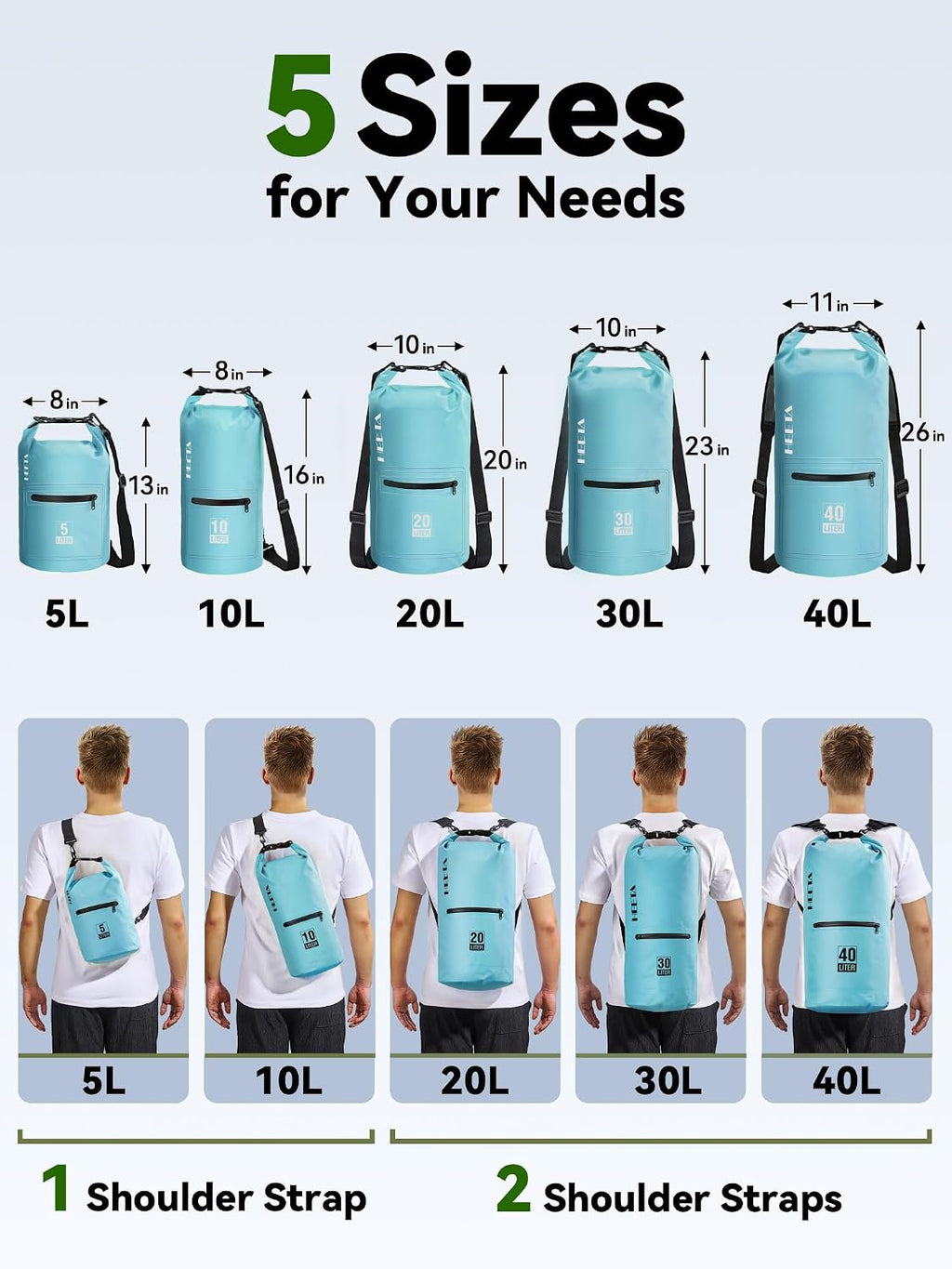 HEETA Waterproof Dry Bag Backpack with Zippered Pocket 5L/10L/20L/30L/40L