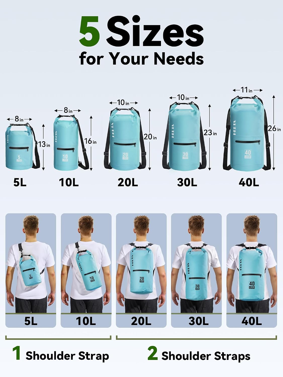 HEETA Waterproof Dry Bag Backpack with Zippered Pocket 5L/10L/20L/30L/40L