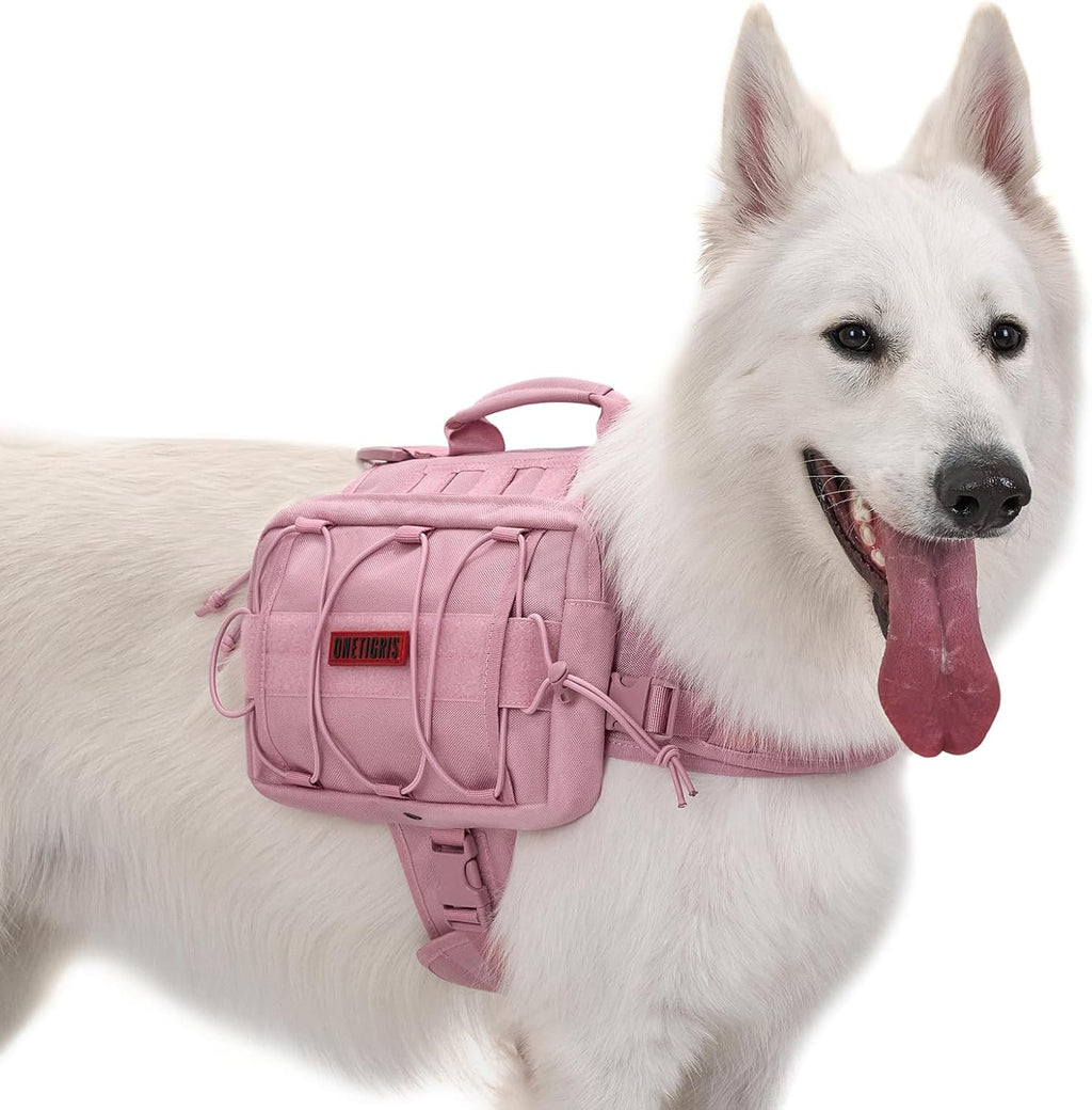ONETIGRIS Dog Backpack for Medium & Large Dogs, Mammoth Nylon Dog Pack Tactical Backpack Harness with Side Pockets for Hiking Walking Training Running (Pink, Large)
