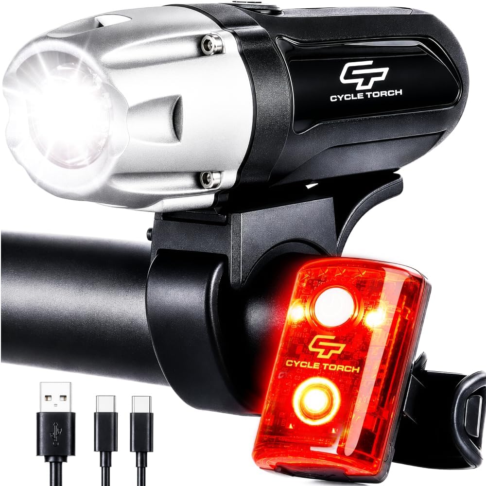 Bike Lights for Night Riding, USB Rechargeable Shark 550 Ultra Bright LED Bike Lights Front and Back Safety Tail Light Included, Bicycle Light Compatible with Mountain, Road, Kids & City Bicycles