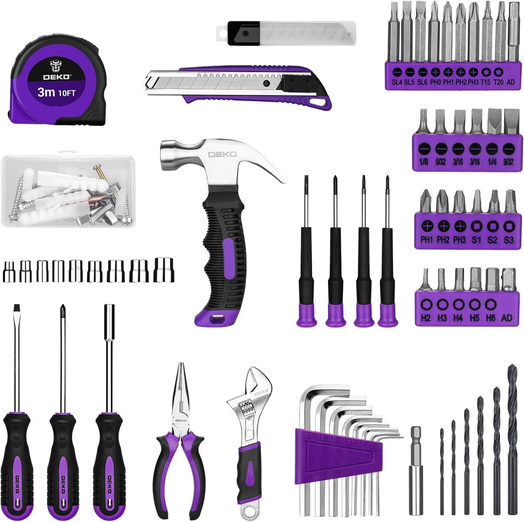 DEKOPRO Tool Set: Tool Kit with 8V Cordless Drill, Hand Toolbox with storage case, Tool set for Home Repairs 126 Piece, Purple