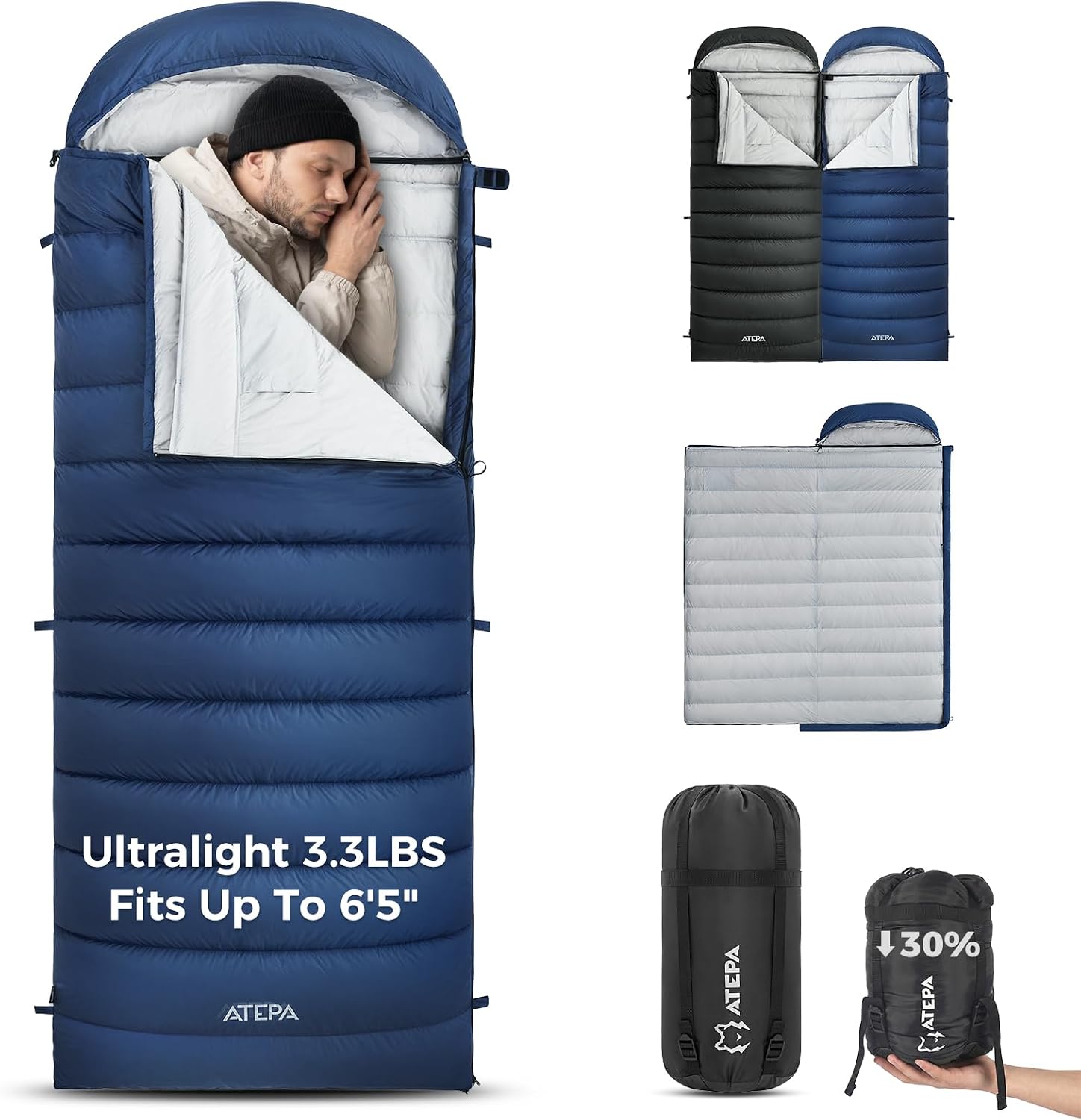 ATEPA 3-in-1 Hybrid Down Sleeping Bag, with Pad Attachment