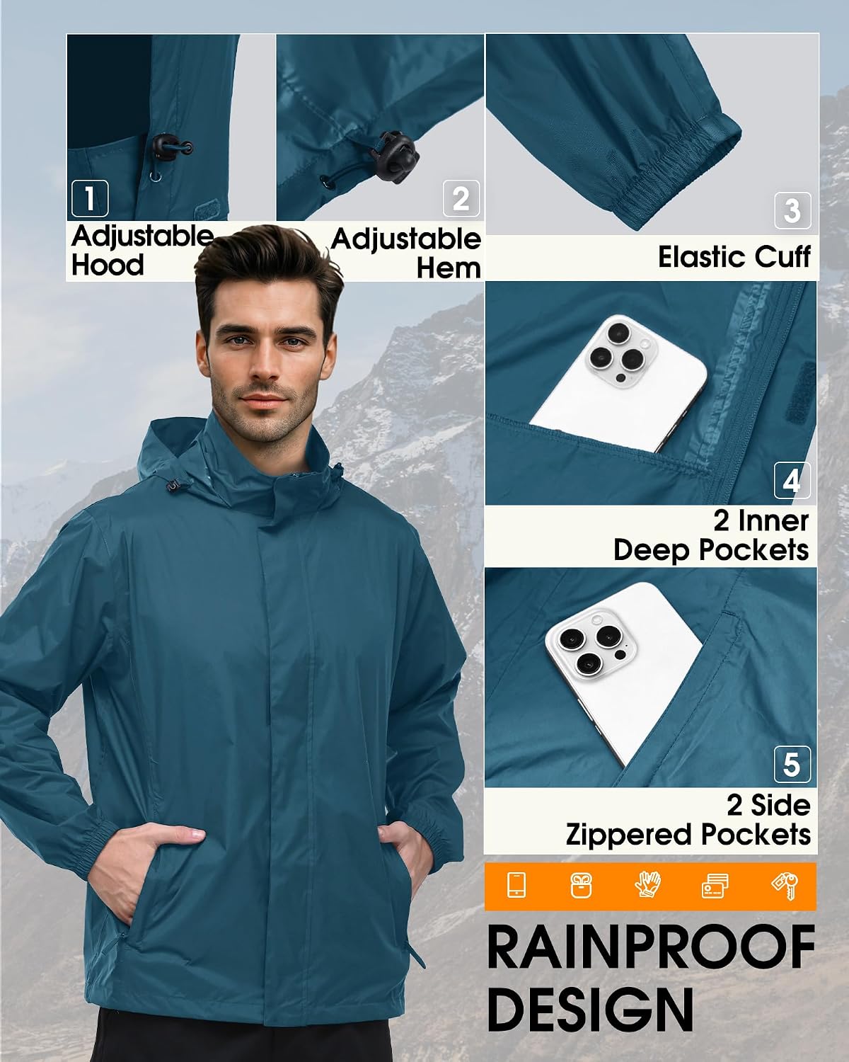 Outdoor Ventures Men's Rain Jacket Waterproof Lightweight Packable Raincoat