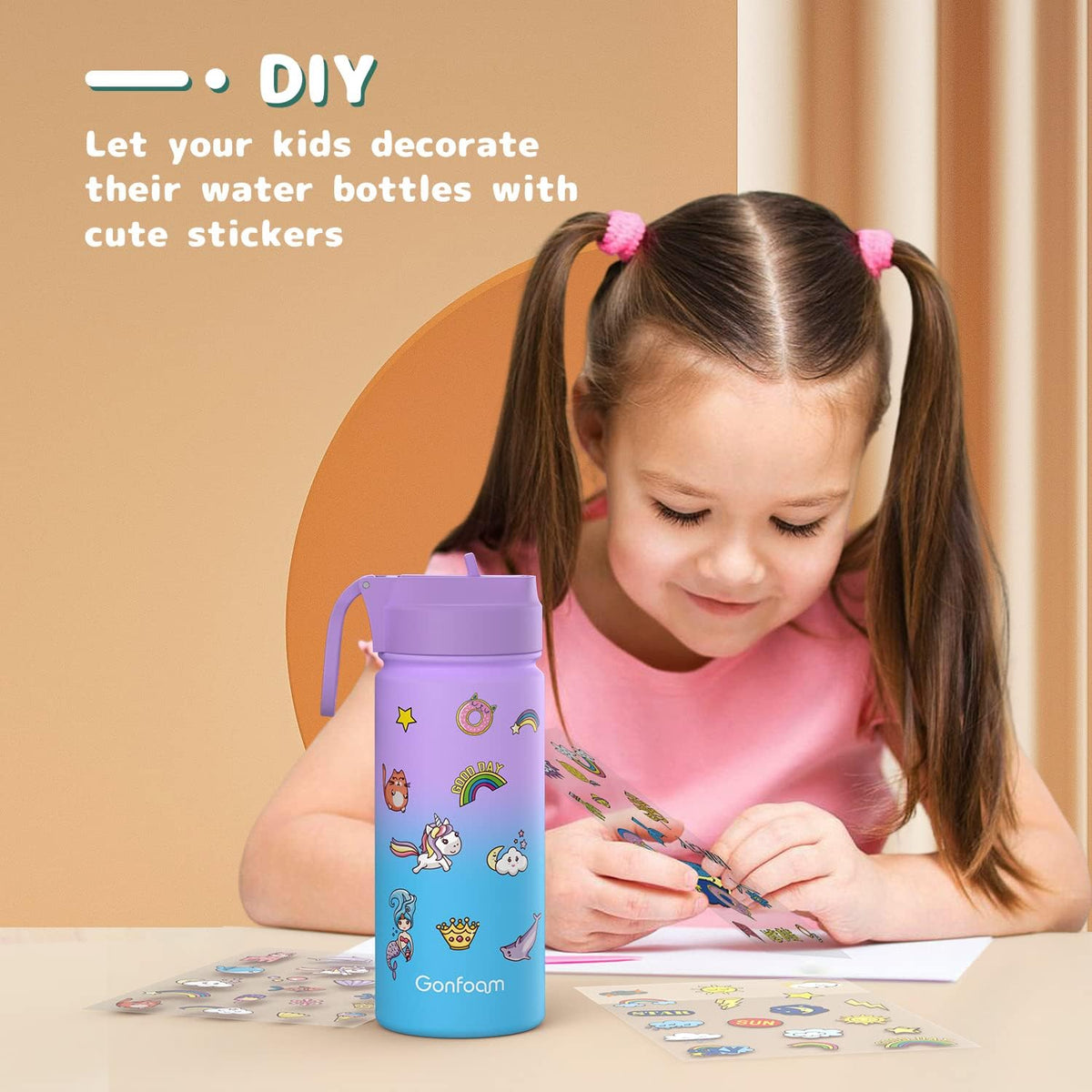 Gonfoam 16oz Kids Stainless Steel Insulated Water Bottle, 2 Pack