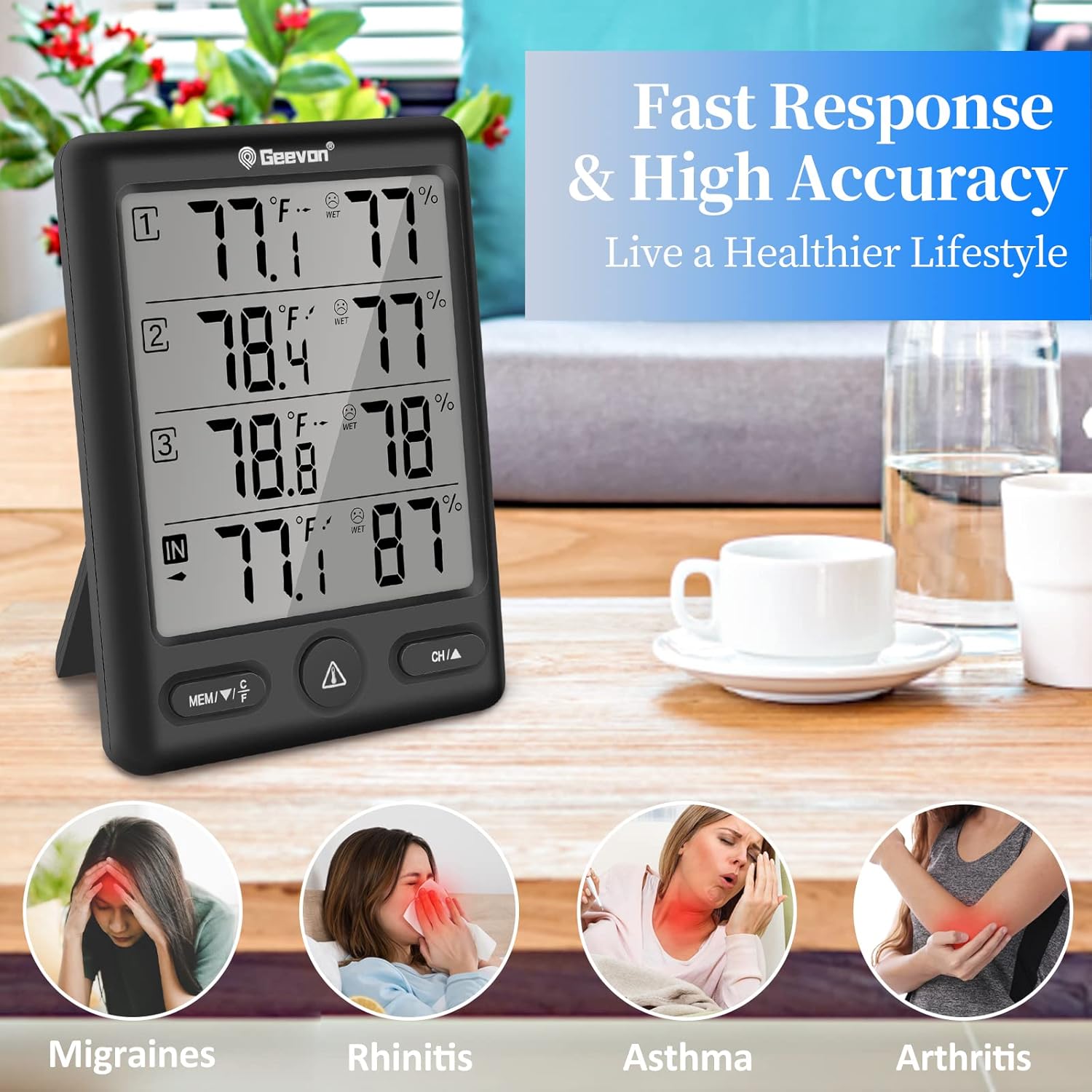 Geevon Indoor Outdoor Thermometer Wireless with 3 Remote Sensors, Digital Hygrometer Thermometer, Wireless Temperature Humidity Monitor Gauge with 200FT/60M Range