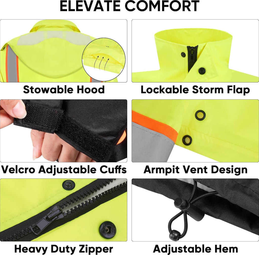 TICONN Reflective Rain Jacket, Waterproof ANSI Class 3 Hi Vis Safety Coat
