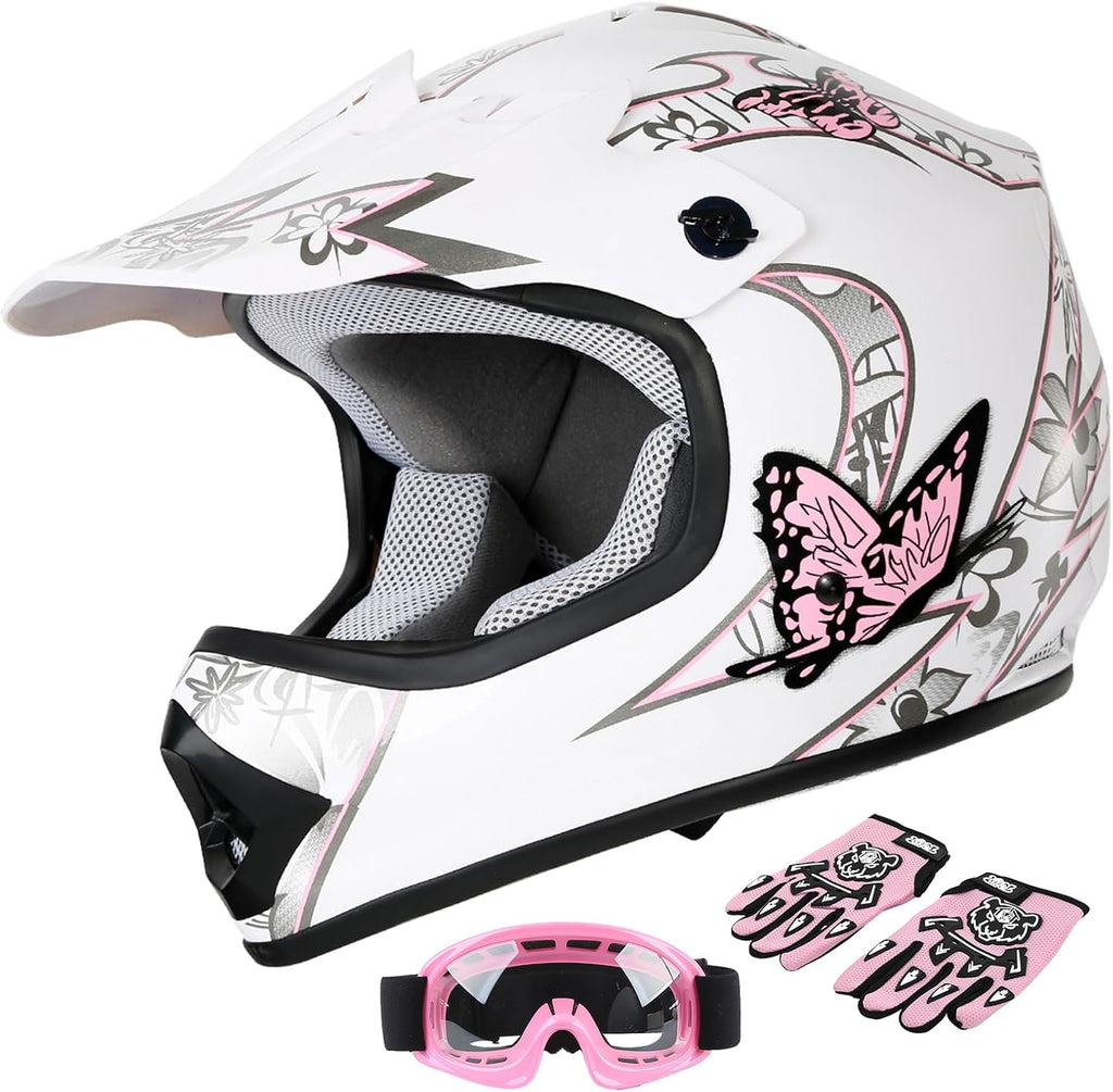 SLMOTO Dot Youth Kids Helmet Motocross Offroad Street Helmet Motorcycle Helmet Dirt Bike Motocross ATV Pink Butterfly Design Helmet+Goggles+Gloves
