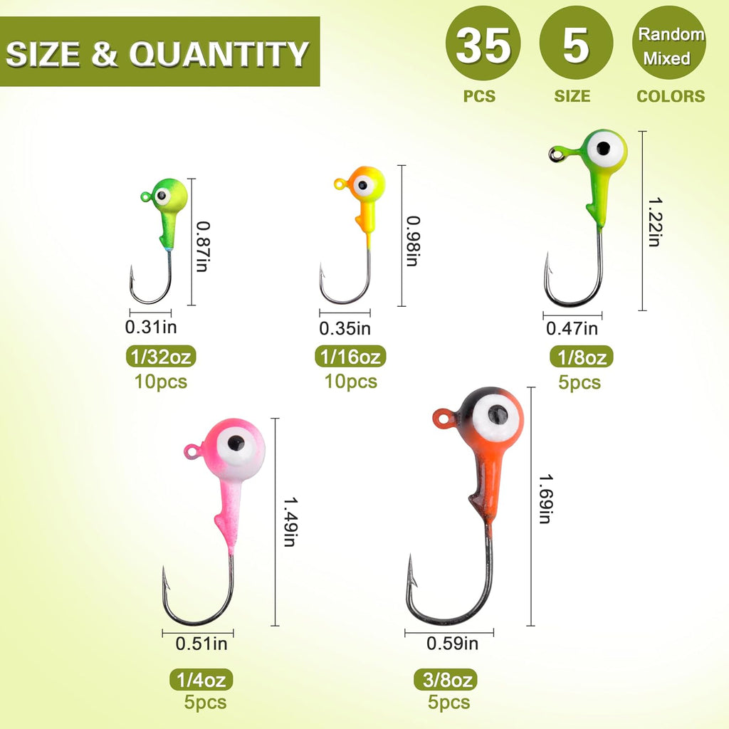 AGOOL Fishing Jig Heads Hooks Kit, 35/60pcs Round Ball Jig Heads Fishing Lures Crappie Jig Heads for Soft Plastic Baits Bass Trout Soft Worm Shrimp Lures Freshwater Saltwater