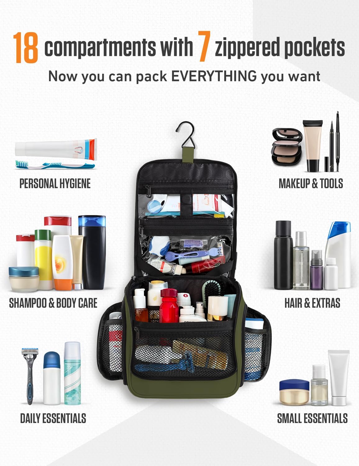 VENTURE 4TH Hanging Travel Toiletry Bag, 18 Compartments - Dark Green