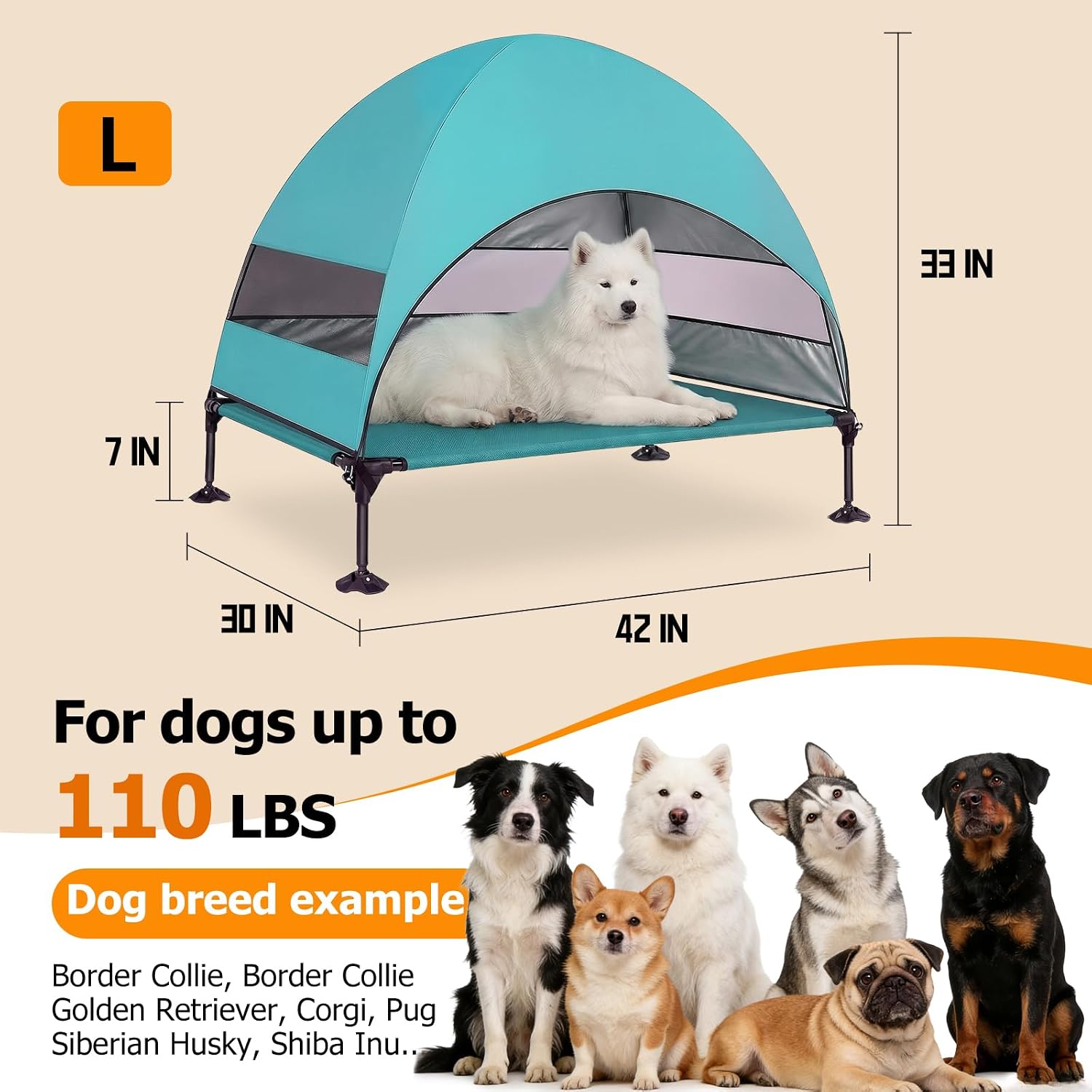 Elevated Dog Bed with UV-Proof Canopy, Outdoor Dog Tent with Powerful Adjustable Feet, Portable Pet Cot with Wider Shade, Raised Cooling Bed for Camping, Patio, Beach, Poolside