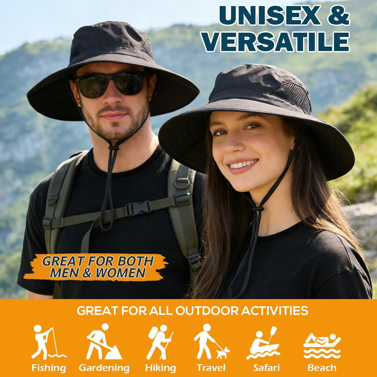 Wide Brim Sun Bucket Hat, Waterproof Boonie Hat for Men & Women