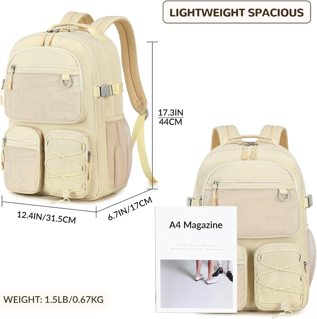 Lohol Water Resistant Backpack with Mulitiple Pockets for School Travel Outdoor College, 15.6 inch Laptop Bookbag for Girls and Women (Beige)