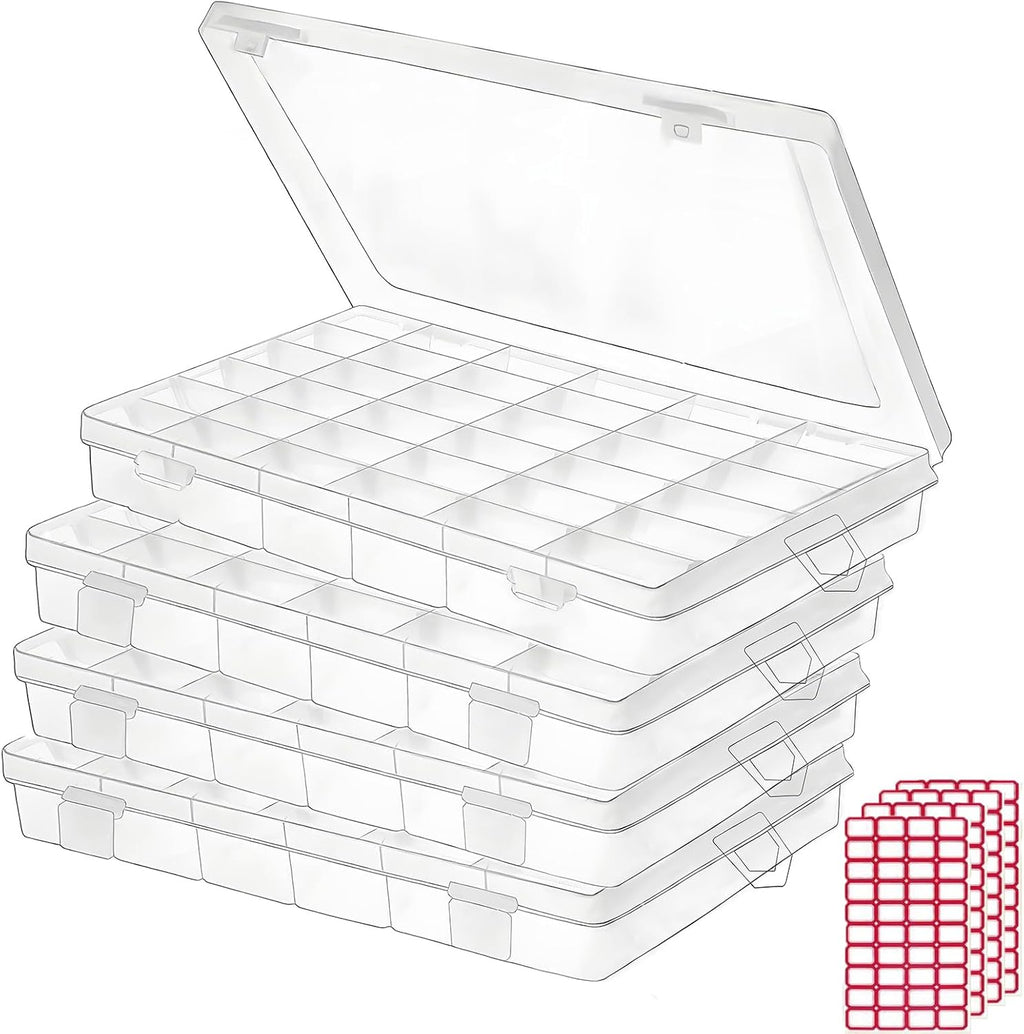 Budreu 8pack 36 Grids Plastic Clear Organizer Box bead Storage Containers with Adjustable Dividers for Craft Jewelry Fishing Tackles Parts Storage with 8 Sheets Label Stickers