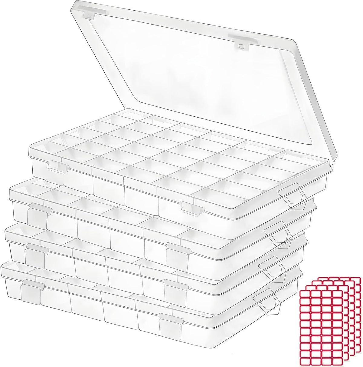 Budreu 8pack 36 Grids Plastic Clear Organizer Box bead Storage Containers with Adjustable Dividers for Craft Jewelry Fishing Tackles Parts Storage with 8 Sheets Label Stickers
