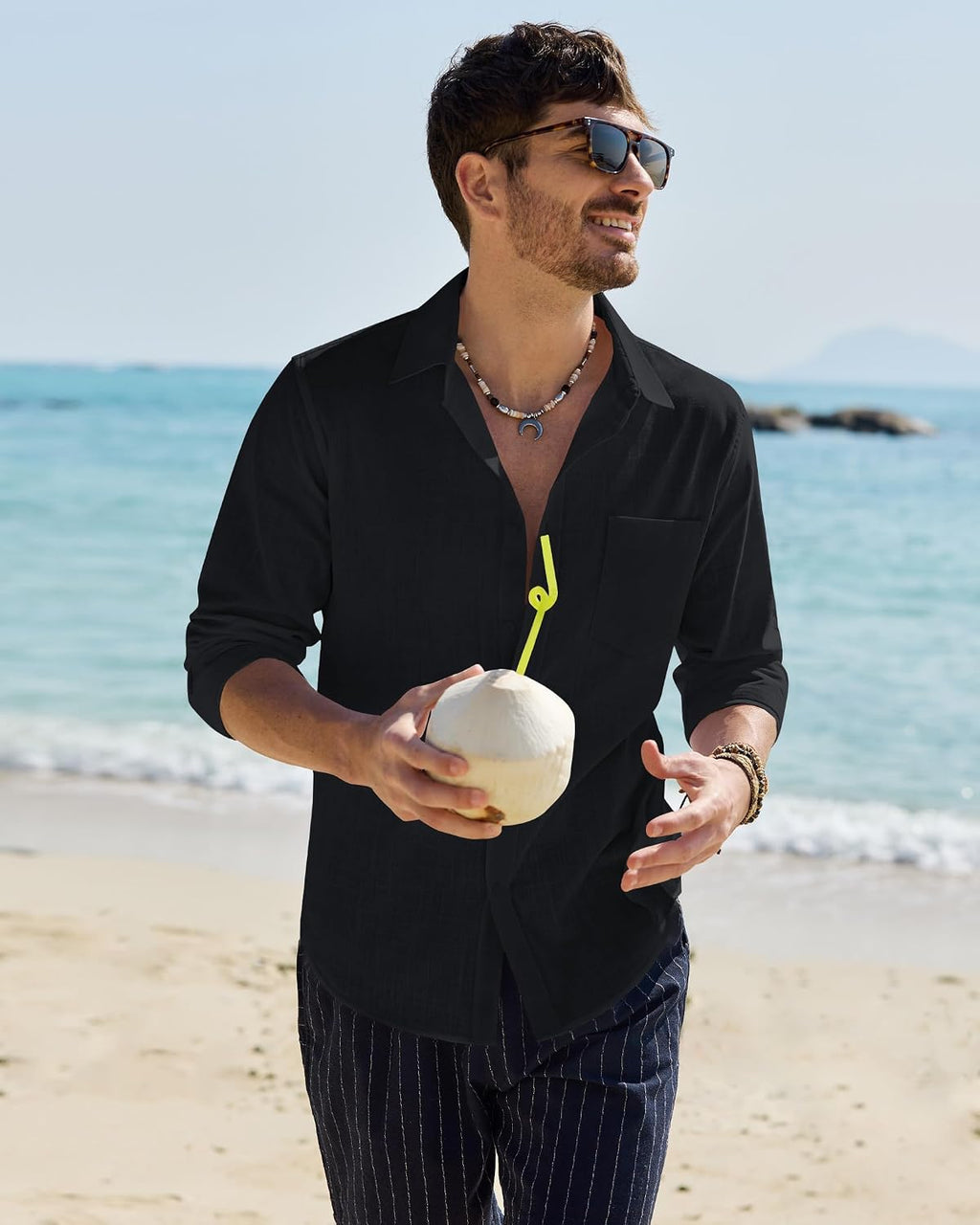 Alimens & Gentle Mens Linen Textured Shirt Long Sleeve Summer Beach Tops