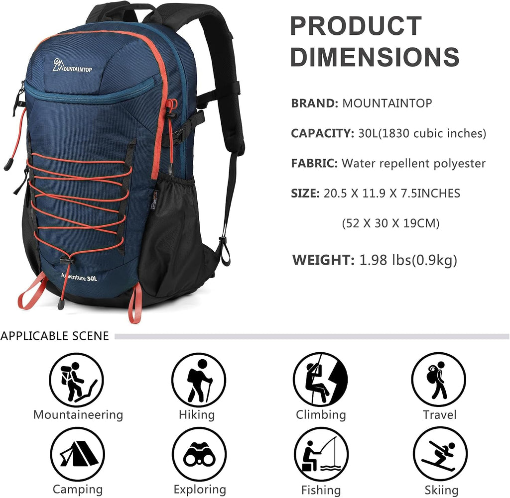 MOUNTAINTOP 25/30L Lightweight Hiking Backpack, Outdoor Daypack