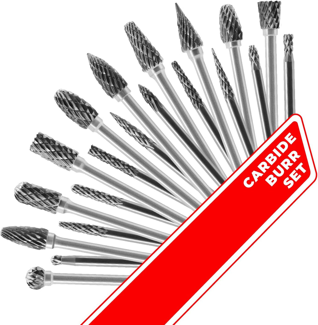 Tungsten Carbide Burr Set 1/8 (3 mm) Shank, Die Grinder Bits, 20 PC Cutting Burr Bits for Dremel, Double Cut Rotary Burr Set for Metall Carving, Engraving, Drilling, Polishing