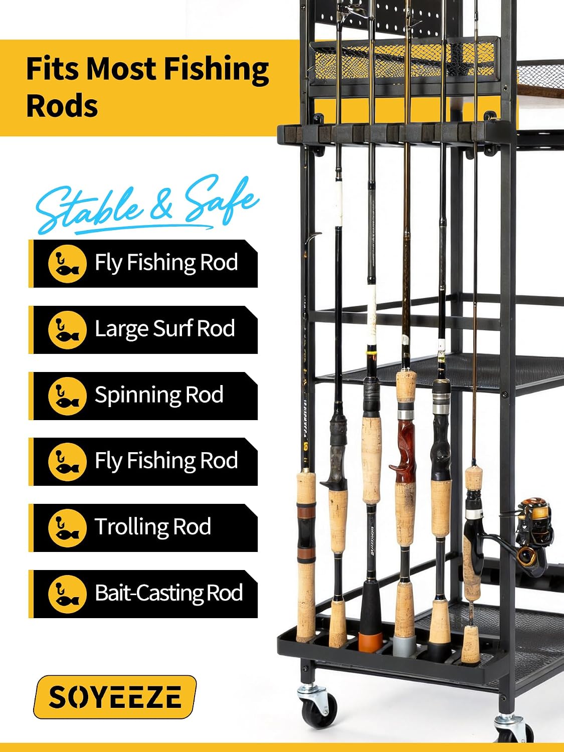 SOYEEZE Fishing Rod Holders for Garage, Fishing Pole Holders Up to 12 Rods with Pegboard and Hooks,Rolling Fishing Cart with Wheels, Fishing Gear Storage For Tackle Box & Reel Organization- 10 Hooks