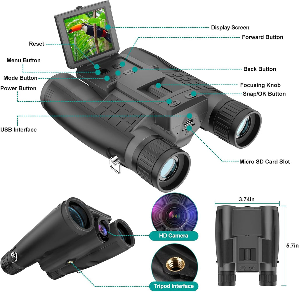 ZZSTAR 12x32 Binoculars with Camera, Large View Binoculars for Adults High Powered, FMC & BAK4 Prism Lens, 2" LCD Display 5MP 1080P Video Photo Recorder, for Bird Watching Hunting Black