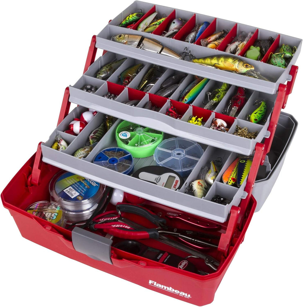 Flambeau Outdoors 6383 3-Tray Tackle Box, 32 Compartments, Red and Gray