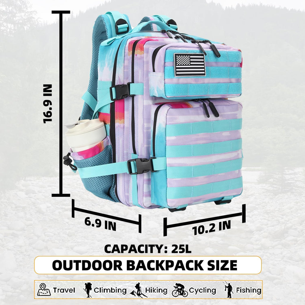 Lovelinks21 25L Tactical Military Backpack Small Travel Backpack for Men and Women Assault Pack Bug Out Bag Molle Daypack Gym Backpack with Bottle Holder (Rainbow Tie Dye)