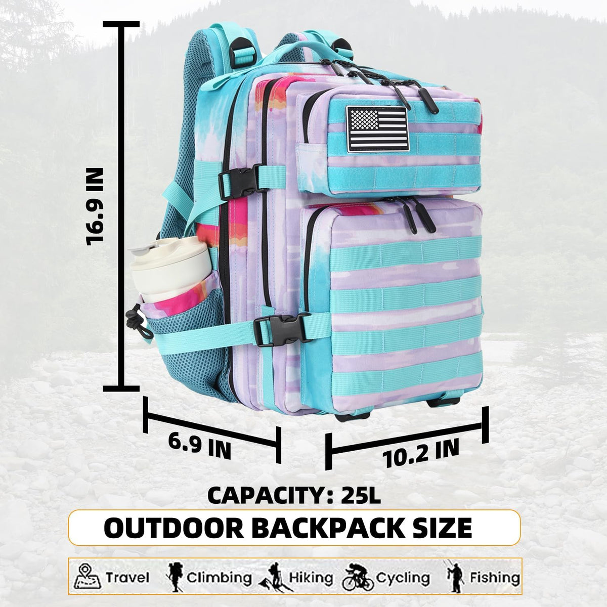 Lovelinks21 25L Tactical Military Backpack Small Travel Backpack for Men and Women Assault Pack Bug Out Bag Molle Daypack Gym Backpack with Bottle Holder (Rainbow Tie Dye)