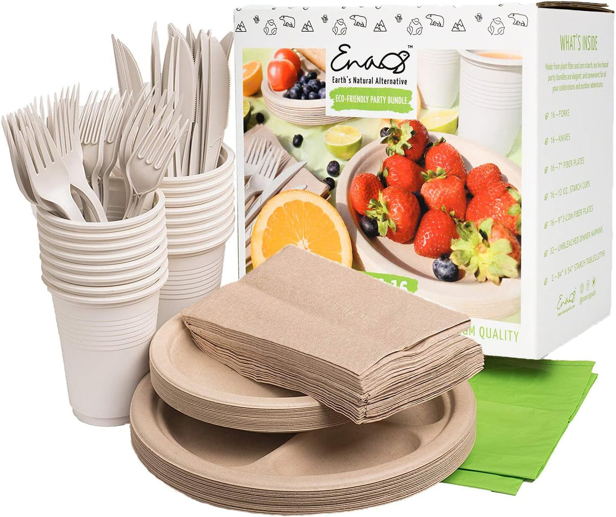 Eco-friendly Camping Supplies [16 Dinnerware Set] for Picnic Basket & Party Supplies. Compostable Paper Plates, Napkins, Biodegradable Utensils, Cups, Green Tablecloths, by Earth's Natural Alternative