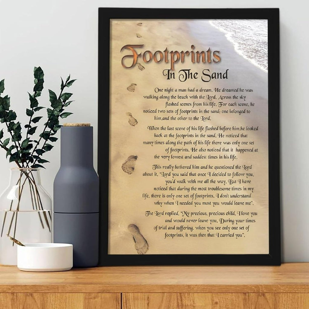 Footprints in the Sand Religious Canvas Wall Art Posters, Inspirational Beach Sunset Poem Print Poster (Black Framed 20x30inch, Footprints(3))