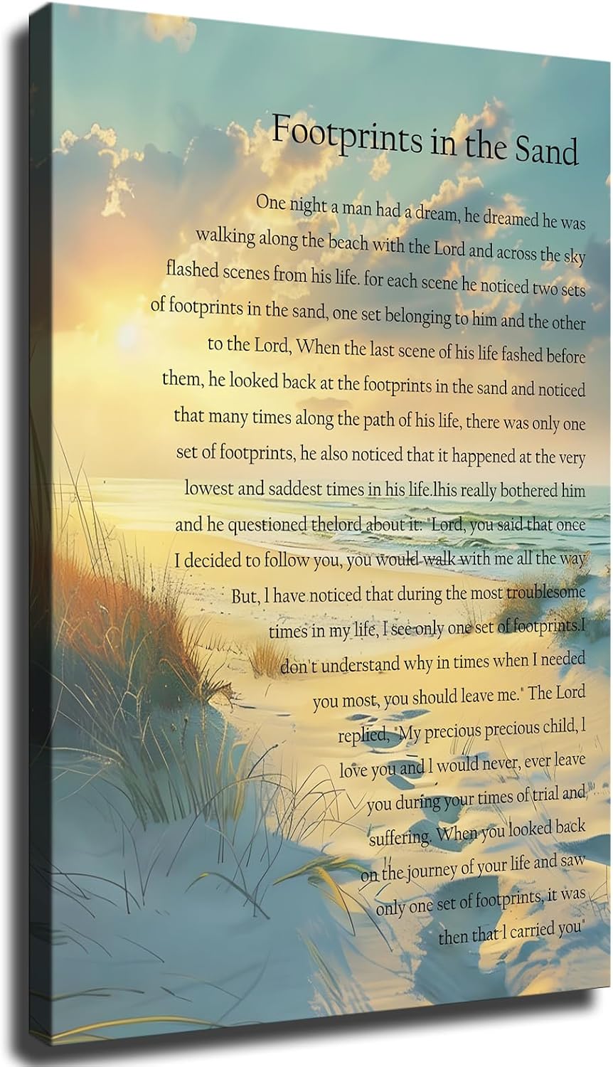 Footprints In The Sand Wall Art Religious Poem Poster Canvas Painting Picture Printing Living Room Bedroom Decoration Framed (16x24inch-Framed)