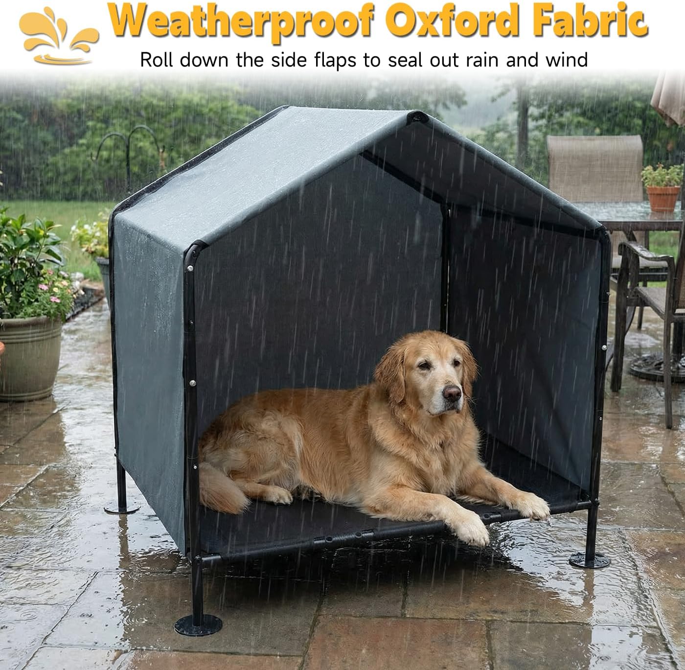 Large Dog Shade with Elevated Dog Bed, Waterproof Dog Tent with Back Cover