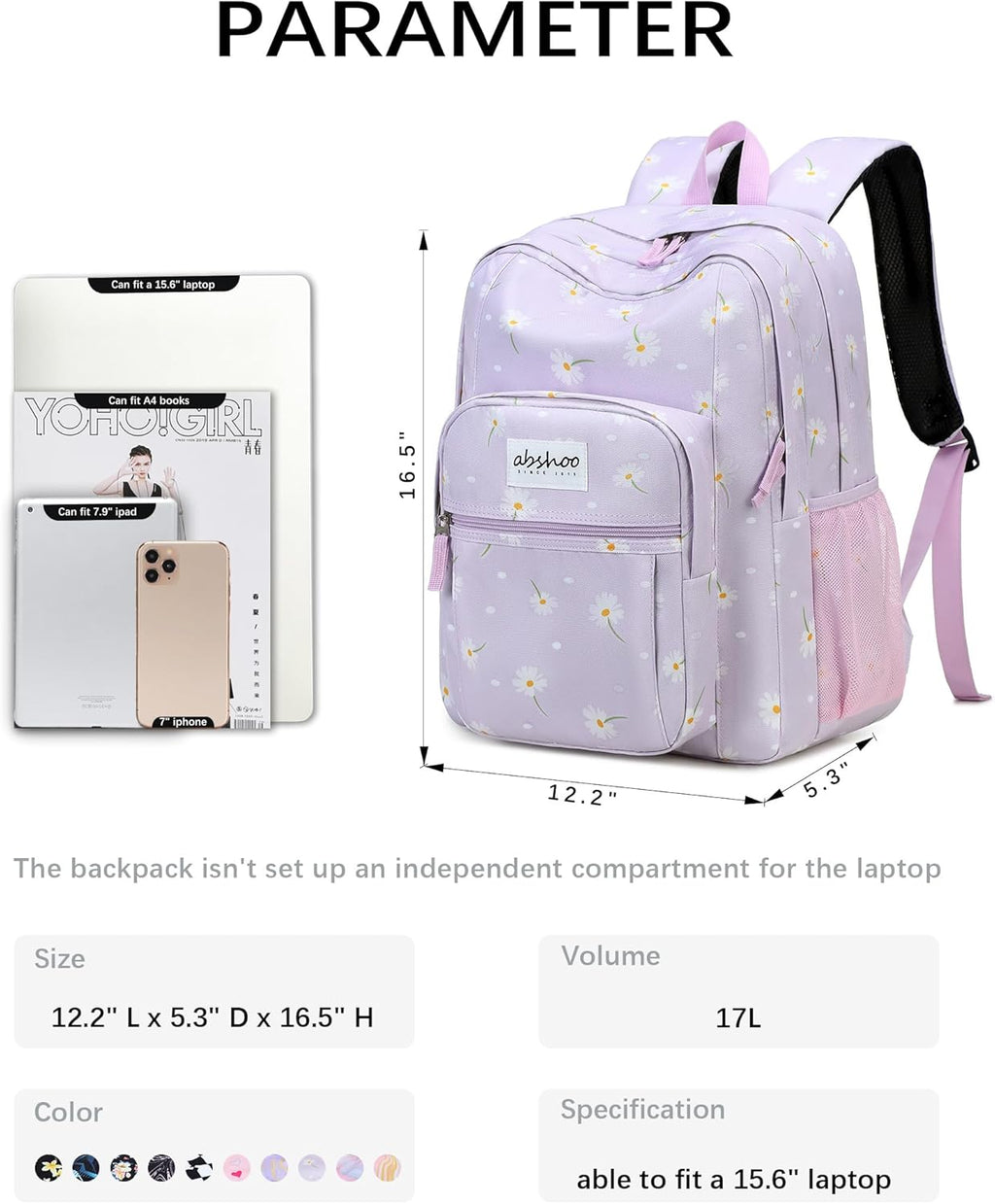 abshoo Classical Basic Daisy Womens School Backpack For College Teen Girls Water Resistant Bookbag (Daisy Purple)