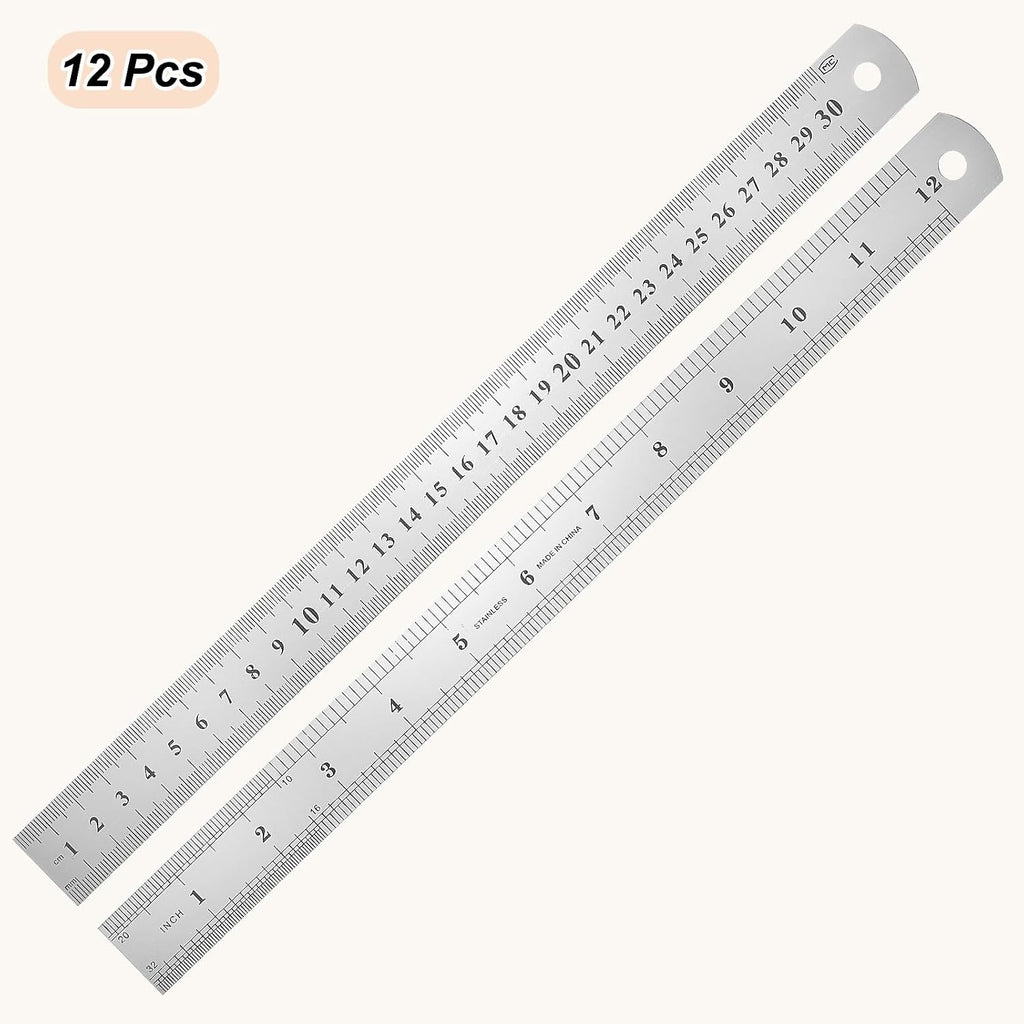 HARFINGTON 12 Pcs Steel Ruler 12" x1-1/32 Machinist Metal Ruler Carbon Steel Metric Straight Edge Measuring Tools 0.4mm Thick for Engineering Architect Drawing Home Office