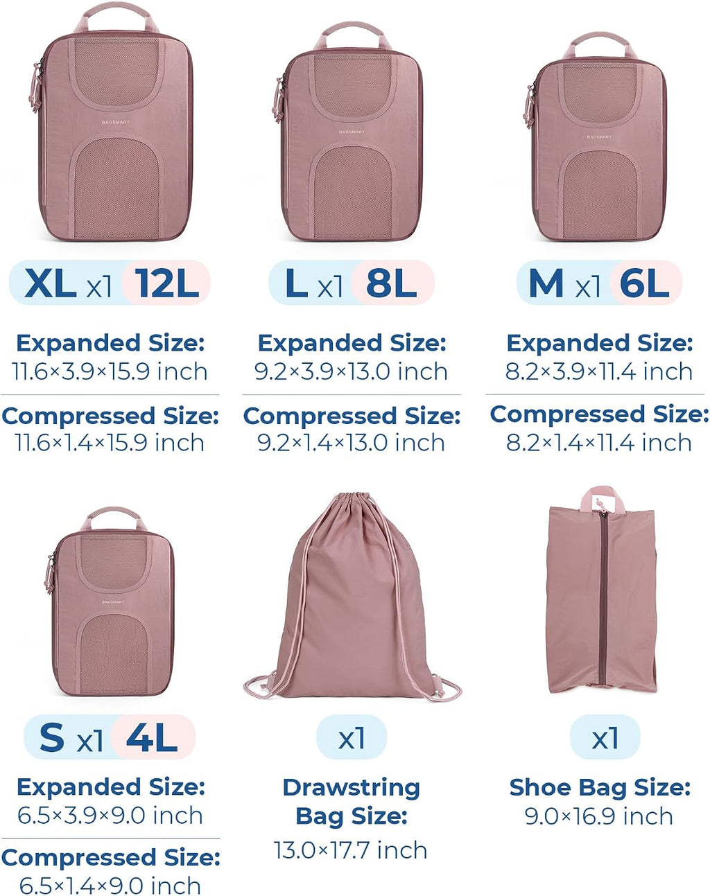 BAGSMART 6 Set Compression Packing Cubes, Travel Luggage Organizer Bags