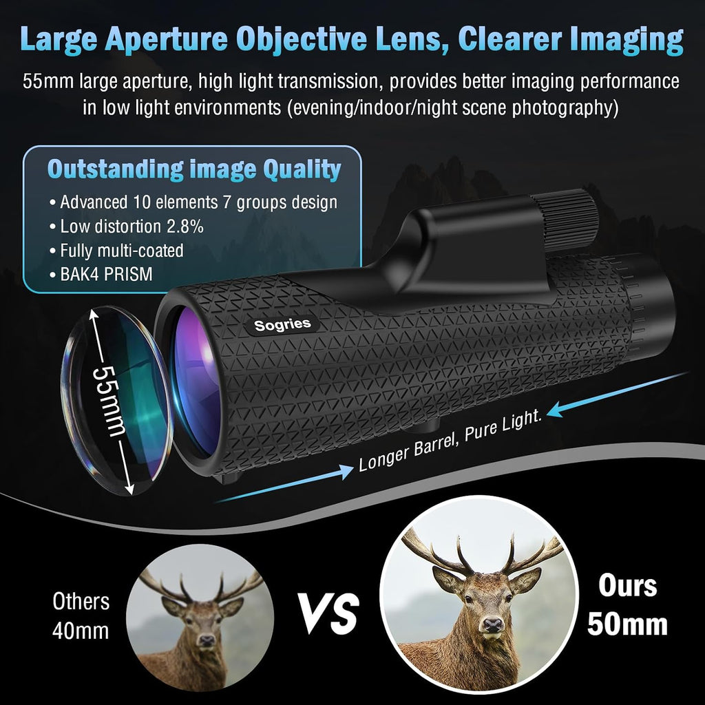 15x55 Monocular Telescope for Adults with Tripod and Phone Adapter