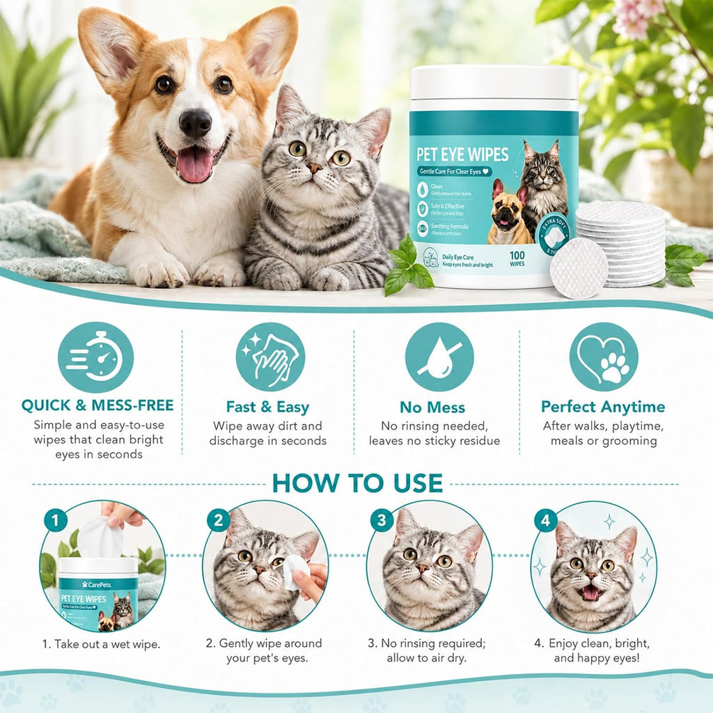 Pets Eye Wipes,Eye Defense Wipes,Tear Stain Remover for Pet,Gentle Textured Eyes Area Wipes with Aloe Vera and Chamomile for Eye Dirt,Daily Cleaning Wipe