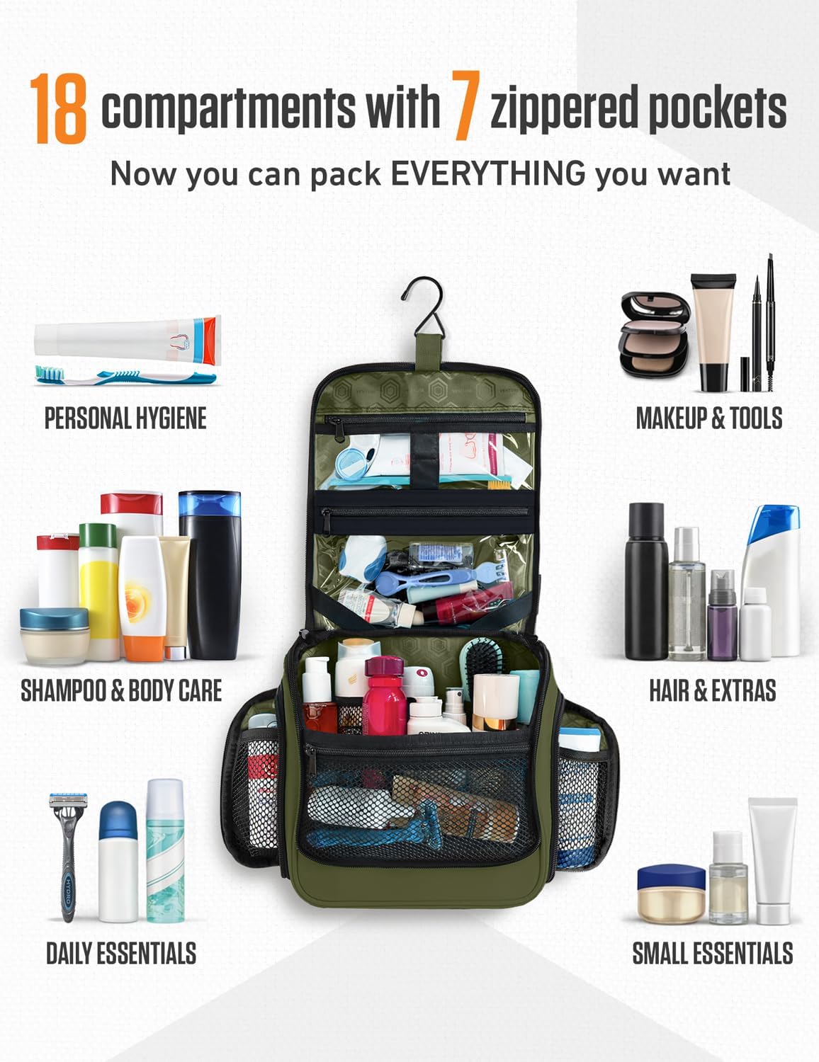 VENTURE 4TH Hanging Travel Toiletry Bag, 18 Compartments - Forest Green