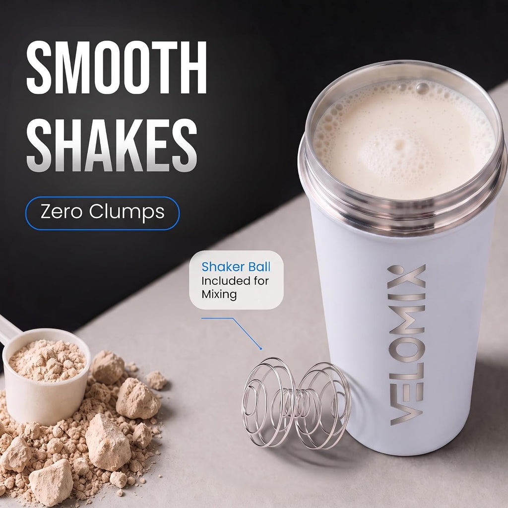 VELOMIX 24oz Stainless Steel Shaker Bottle with Wire Whisk (White)
