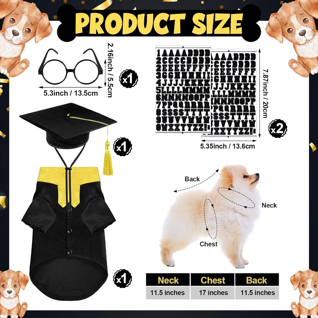 Huhumy 5 Pcs Dog Graduation Costume Set Include 2026 Pet Graduation Gown with Stole Puppy Grad Cap Lensless Glasses DIY Letter Stickers for Dogs Cats Holiday Costume Accessory(Black Yellow,S)