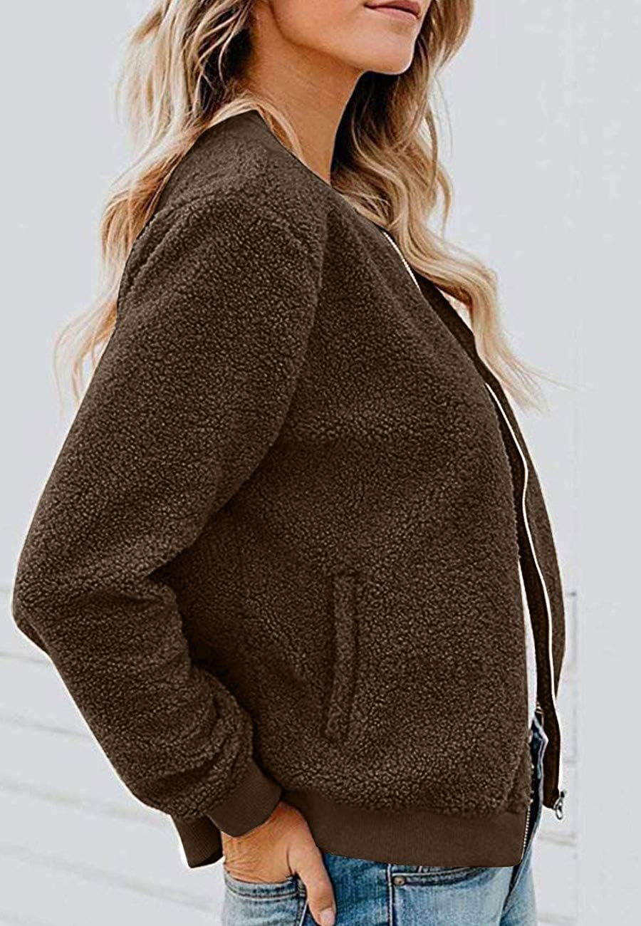 MIROL Women's Fall Fleece Bomber Jacket Trendy Sherpa Winter Coat Fuzzy Casual Long Sleeve Zip Up Loose Fit Jackets