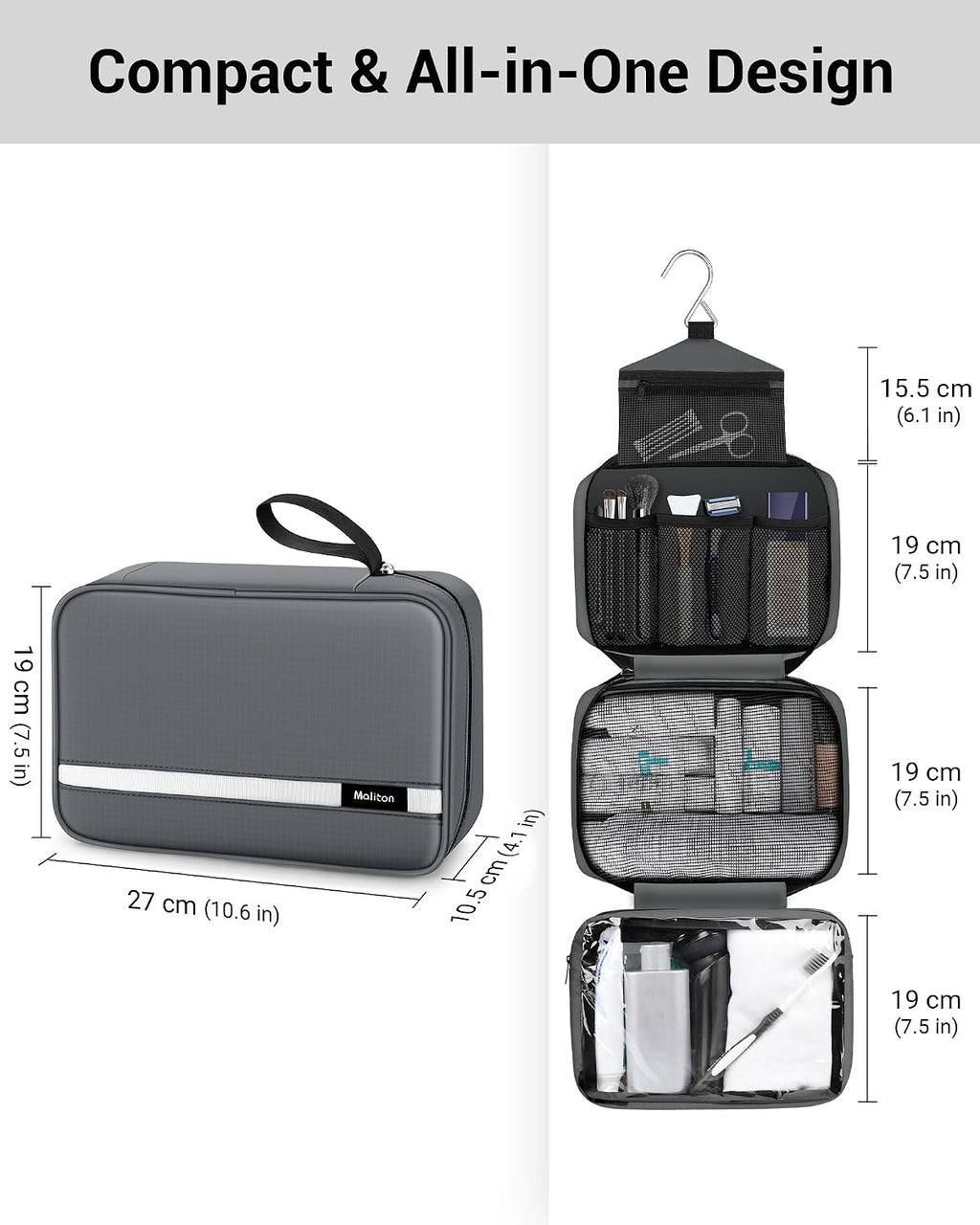 Maliton Toiletry Bag for Men & Women Travel Toiletry Bag Hanging Toiletry Bag Hygiene Organizer with 4 Compartments Waterproof Bathroom Shower Bag Large Toiletries Travel Bag (Gray)