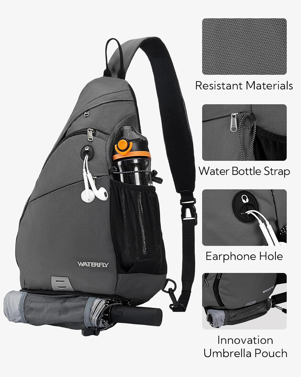 WATERFLY Large Sling Bag Crossbody Backpack Chest Pack for Men Women