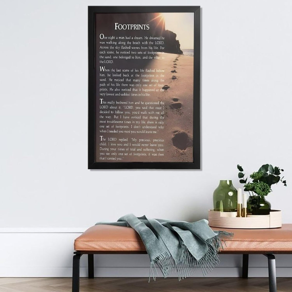 Footprints in the Sand Religious Canvas Wall Art Posters, Inspirational Beach Sunset Poem Print Poster (Black Framed 20x30inch, Footprints(7))