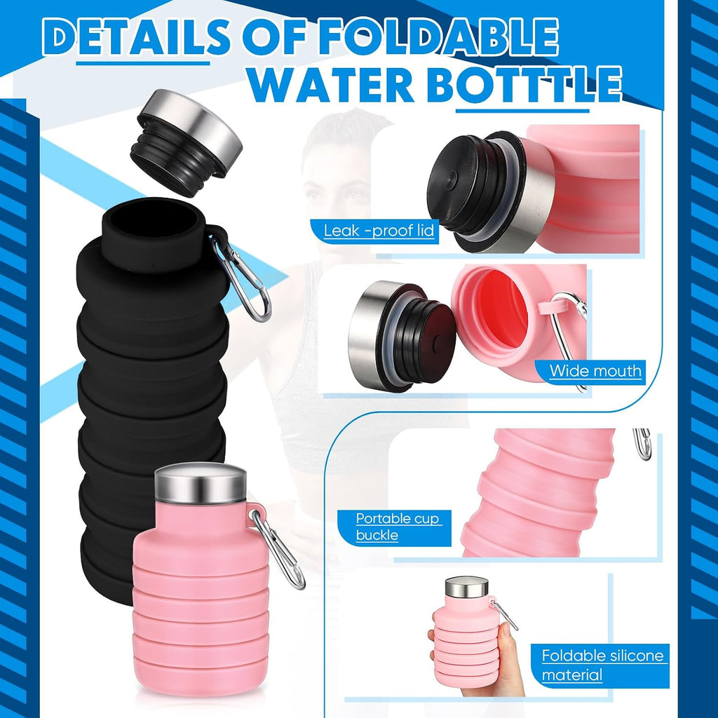 Baderke 2 Pcs Collapsible Water Bottles, 17oz, Pink, Black