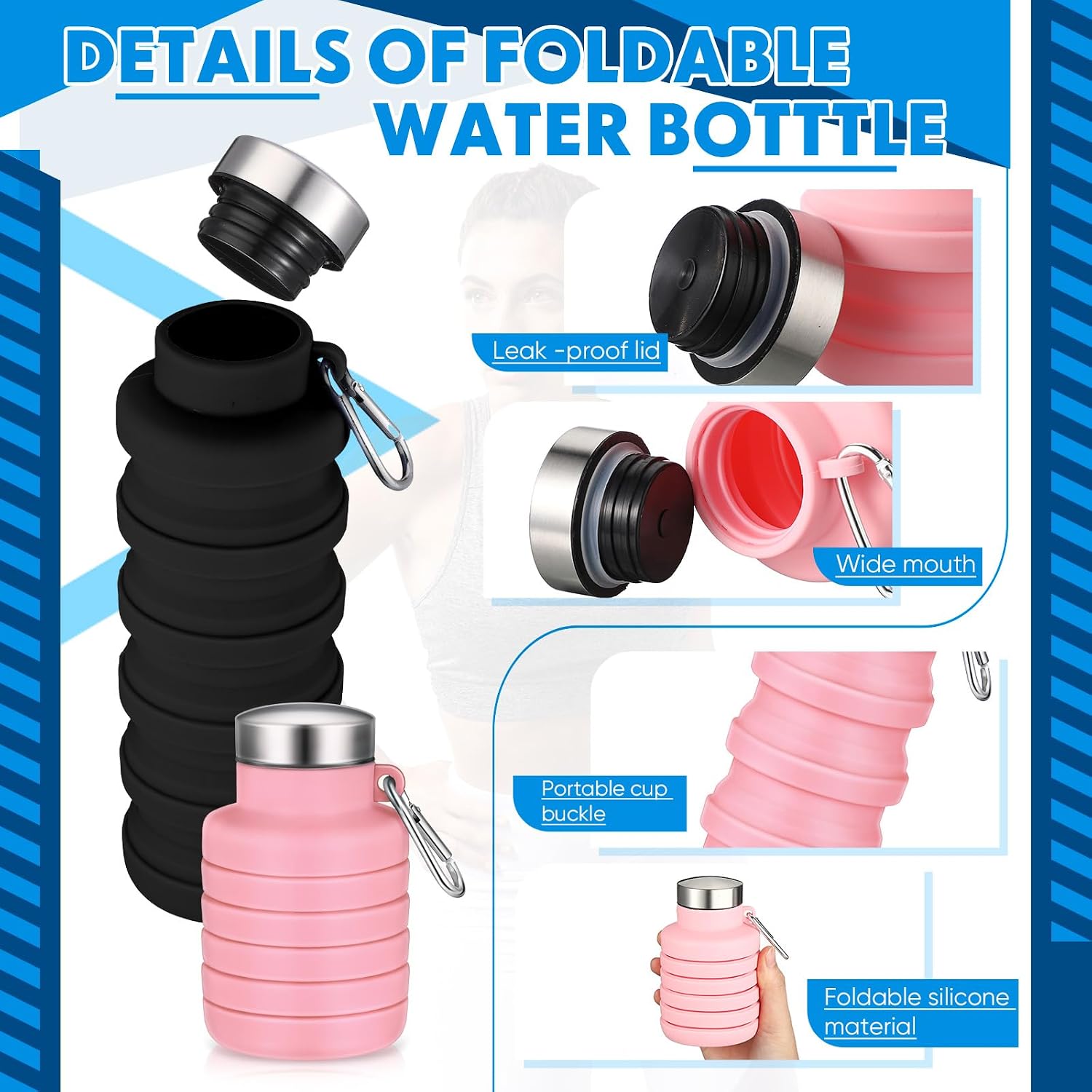 Baderke 2 Pcs Collapsible Water Bottles, 17oz, Pink, Black