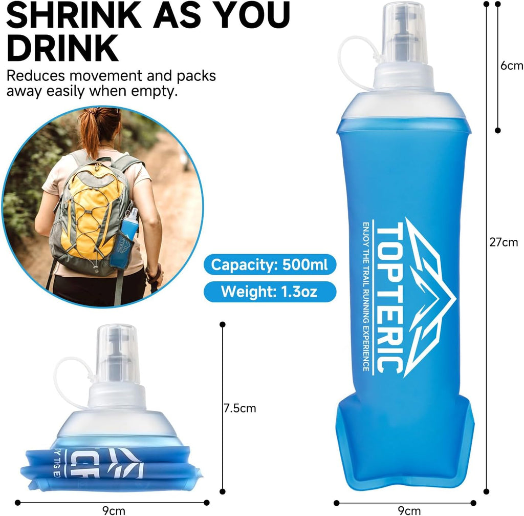 Collapsible Soft Flask Water Bottle, TPU Soft Folding Flexible Water Bottles for Hydration Pack/Running Vest, BPA/PVC Free, Ideal for Running Hiking Cycling Climbing (500ml-2 Pack)