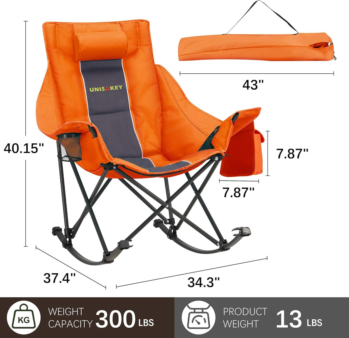 Unisakey Oversize Foldable Rocking Camping Chair300lbs Capacity,Orange