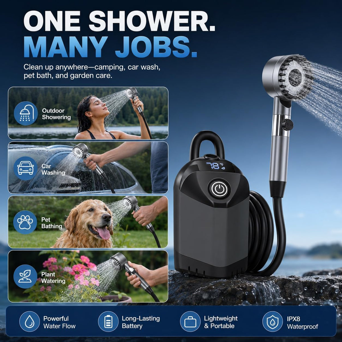 Portable Shower for Camping, 7800mAh Rechargeable Camping Shower