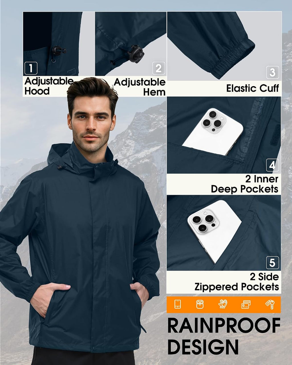 Outdoor Ventures Men's Rain Jacket Waterproof Lightweight Packable Raincoat