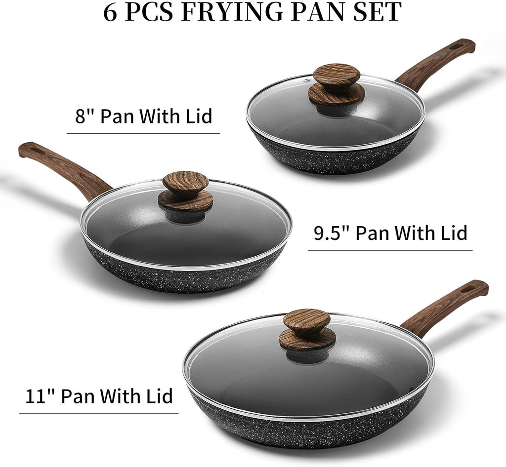 Innerwell Nonstick Ceramic Frying Pans Skillets Set with Lid 8"+9.5"+11"